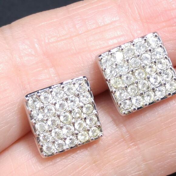 Vintage Swarovski Square Rhinestone Post Earrings, Swan Logo, Rhodium Plated - Picture 5 of 10